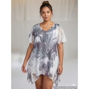 Brittany Black XL Sheer Paisley Mesh Tunic Top Gray Sparkle Asymmetrical NWT